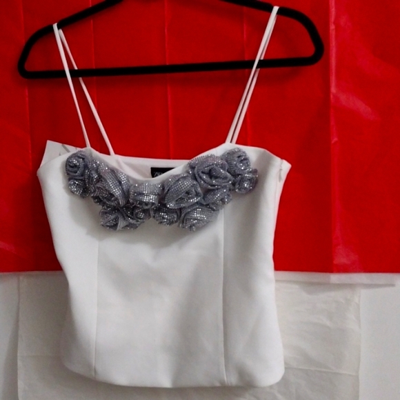 ZARA Silver Stud Rosette Organdy Spaghetti Strap Evening Cami NWT - Picture 3 of 7